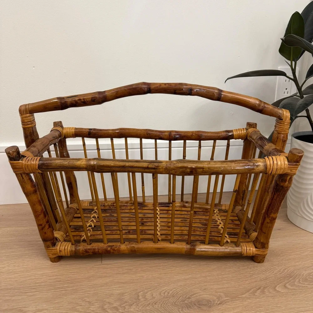 RARE Vintage 1980 Burnt Bamboo Magazine Rack Tortoise Shel Rattan Storage Basket